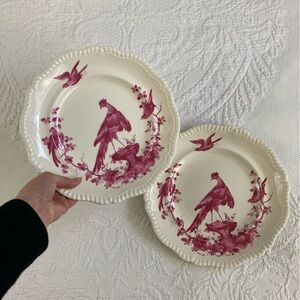 Copeland Spode Black Bird fuchsia pink lot of 2 dinner plates 10.5”